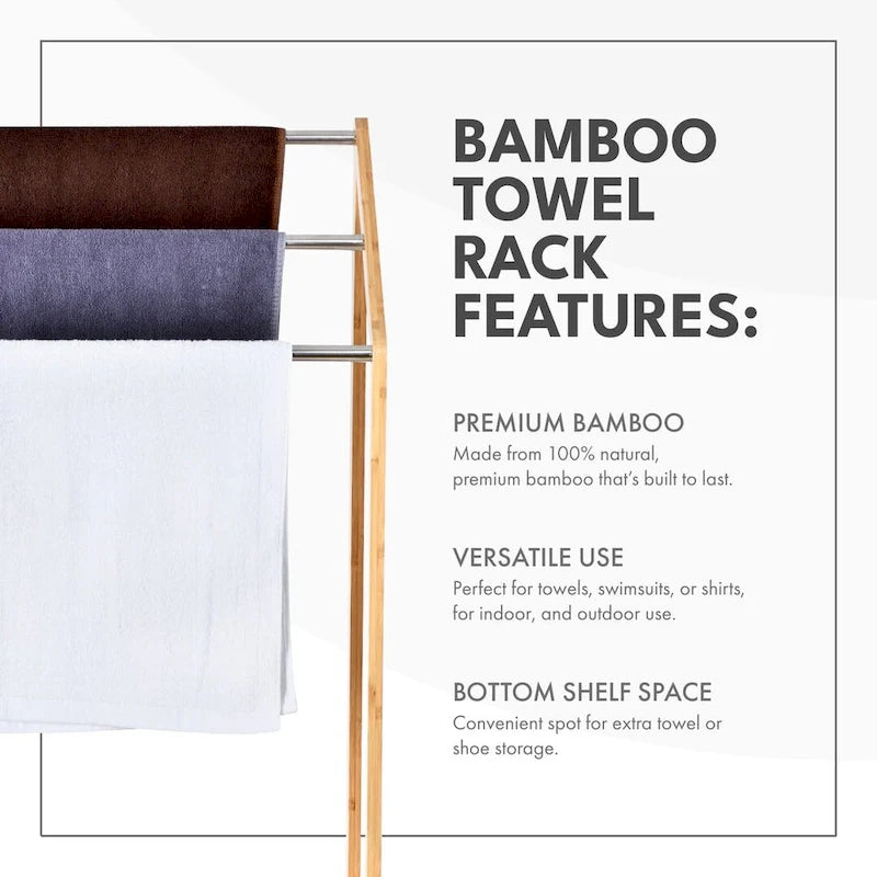 Bamboo Towel Rack Holder for Bathrooms (3 Tier) - Freestanding Beach Towel Stand with Towel Organizer