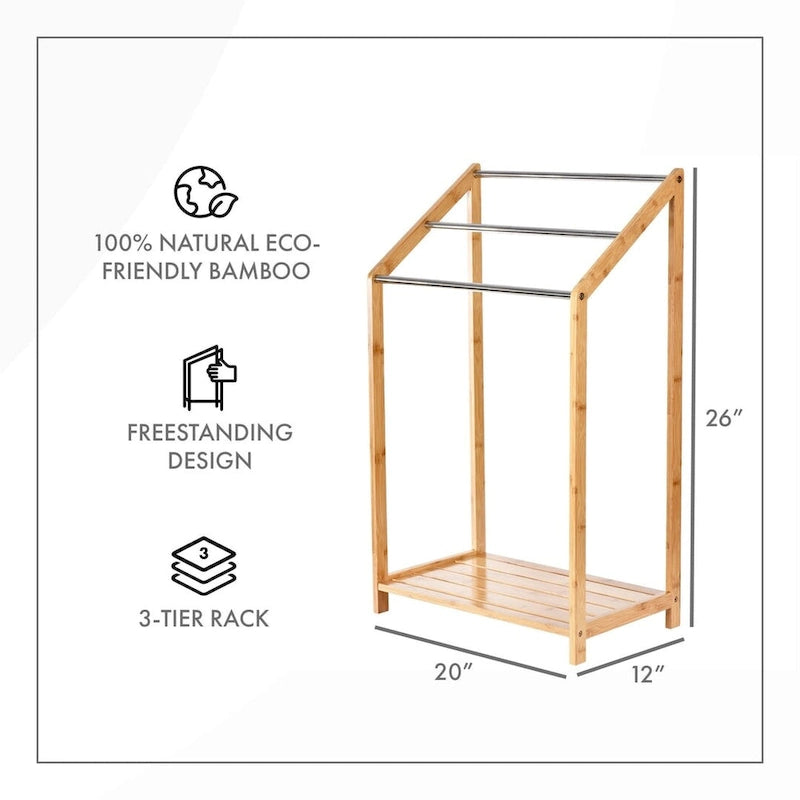 Bamboo Towel Rack Holder for Bathrooms (3 Tier) - Freestanding Beach Towel Stand with Towel Organizer