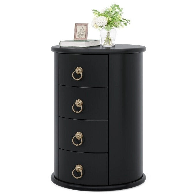 Solid Wood Bedside Table, Round Nightstand with 4 Drawers
