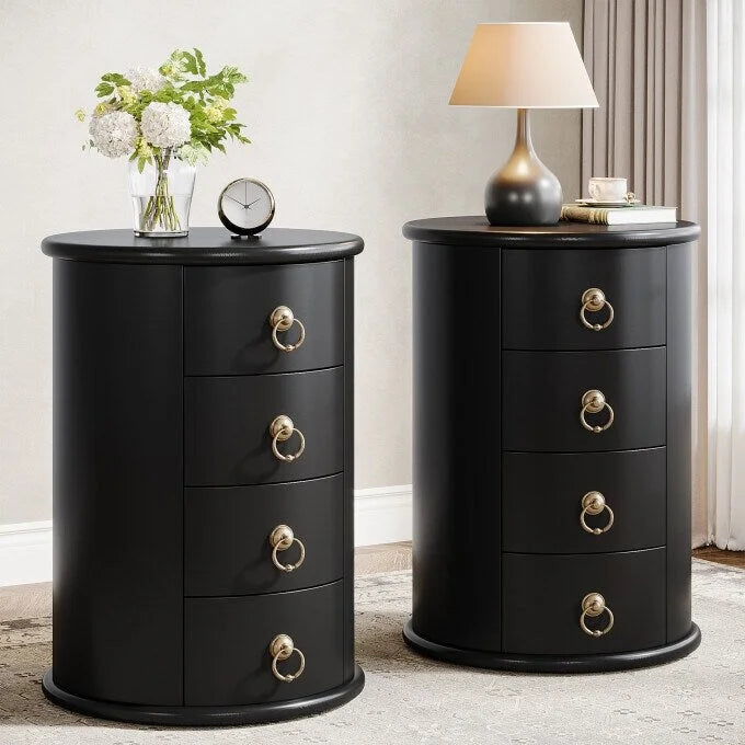 Solid Wood Bedside Table, Round Nightstand with 4 Drawers