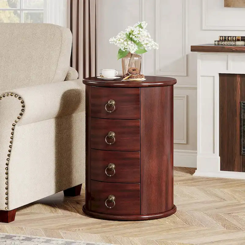 Solid Wood Bedside Table, Round Nightstand with 4 Drawers